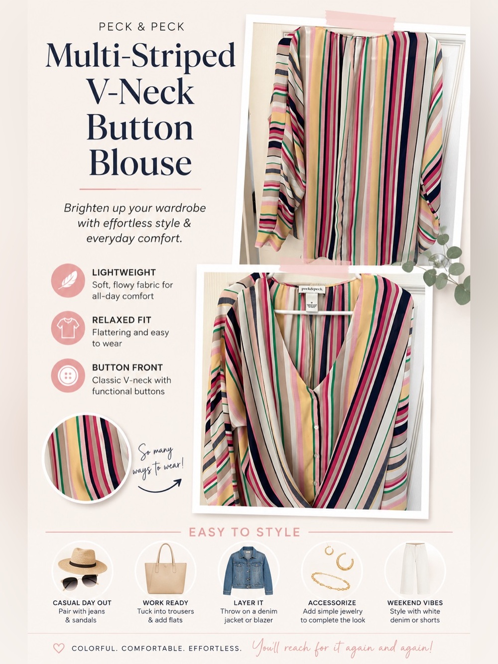 Peck & Peck Multi-Striped V-Neck Button Blouse